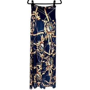 Fashion Nova Printed Soft Stretch Palazzo Wide Leg Pull-On Pants Navy Gold Small